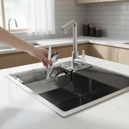 Bacha Cocina Acero Inox Con Grifería Flexible Con Accesorios